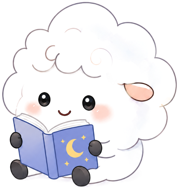 Nimbus the cloud sheep reading a bedtime story book with a crescent moon on the cover