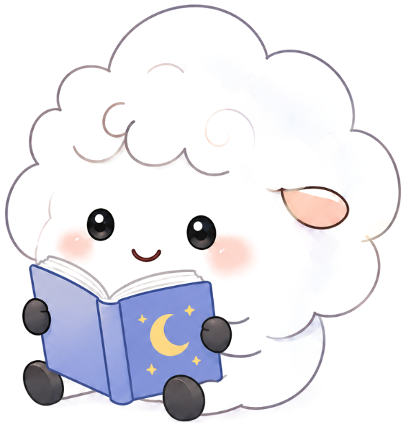 Nimbus the cloud sheep reading a bedtime story book with a crescent moon on the cover